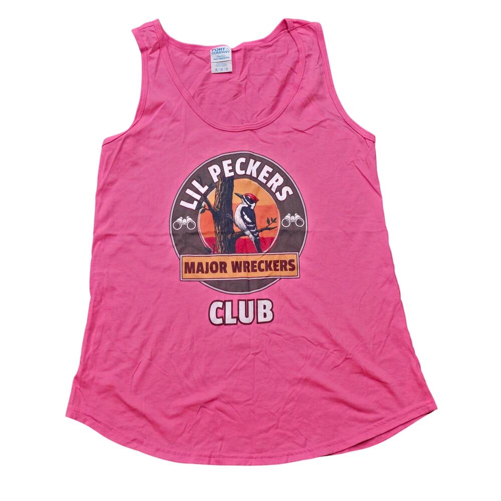 "Lil Peckers Major Wreckers Club" Graphic Tank Top w Woodpecker Illustration
